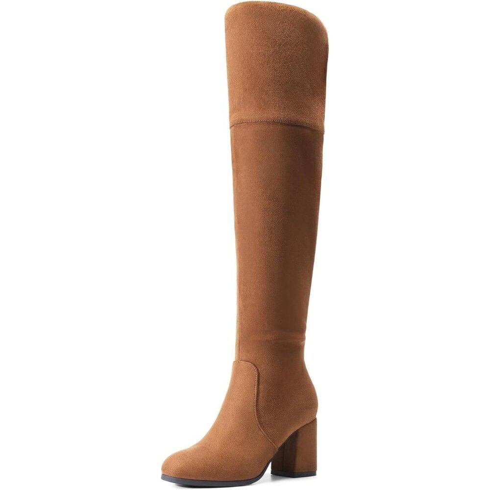 Women's Brown-suede Faux Suede Thigh High Block Heel Over The Knee Long Boot
